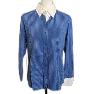 The Limited blue pinstripe blouse, white collar & wrists, pockets, buttons, L